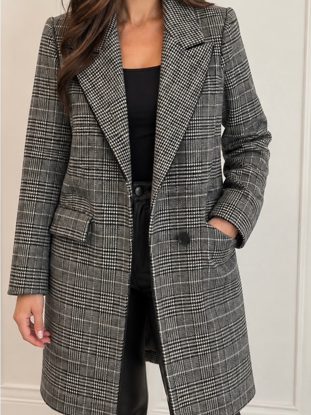 BCBGMaxAzria Black and Gray Plaid Blazer Coat